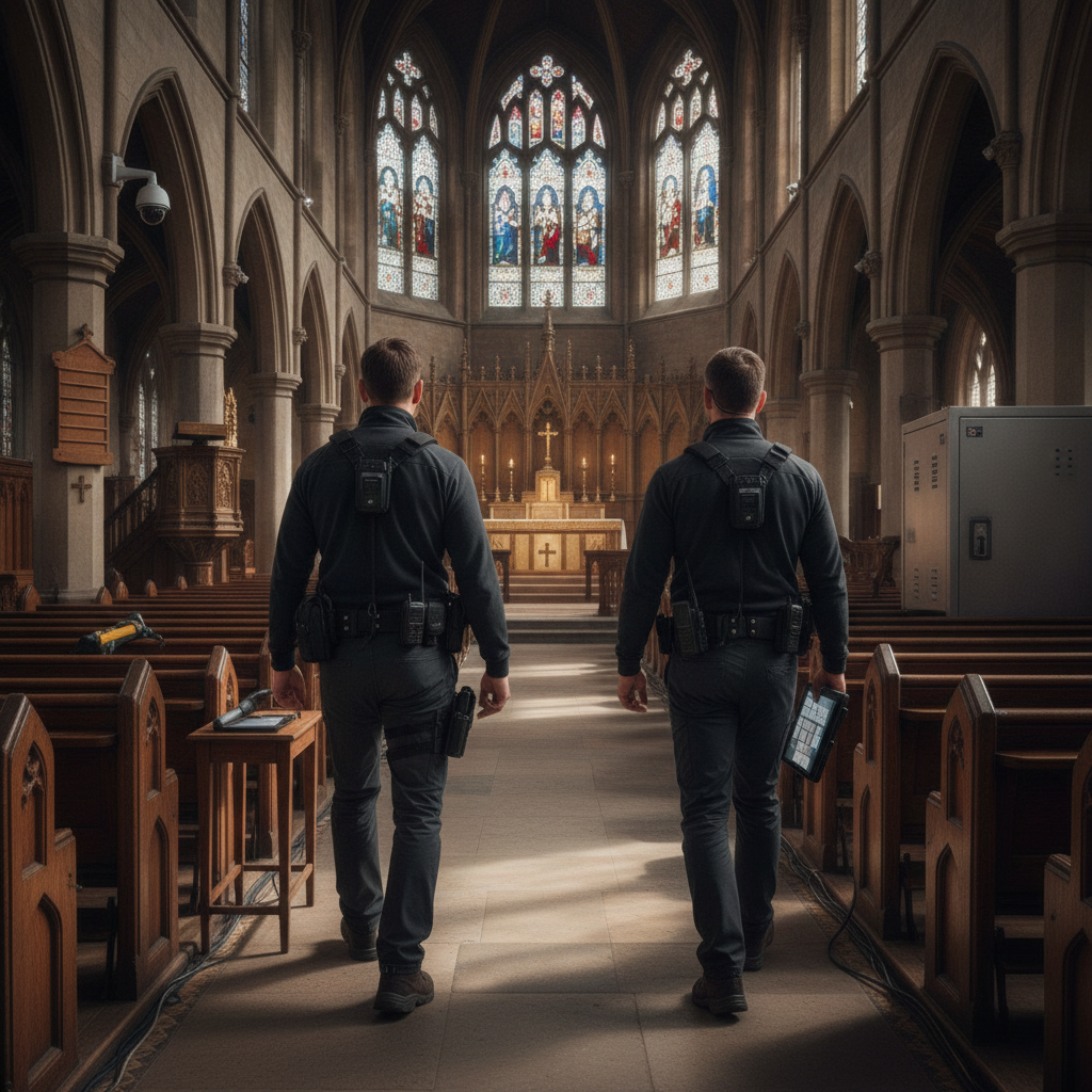 Create a realistic, professional service-business photograph showing Church Security Services in progress. People may be present, but only from behind, with the backs of their heads visible. Do not show any faces, facial features, front-fac